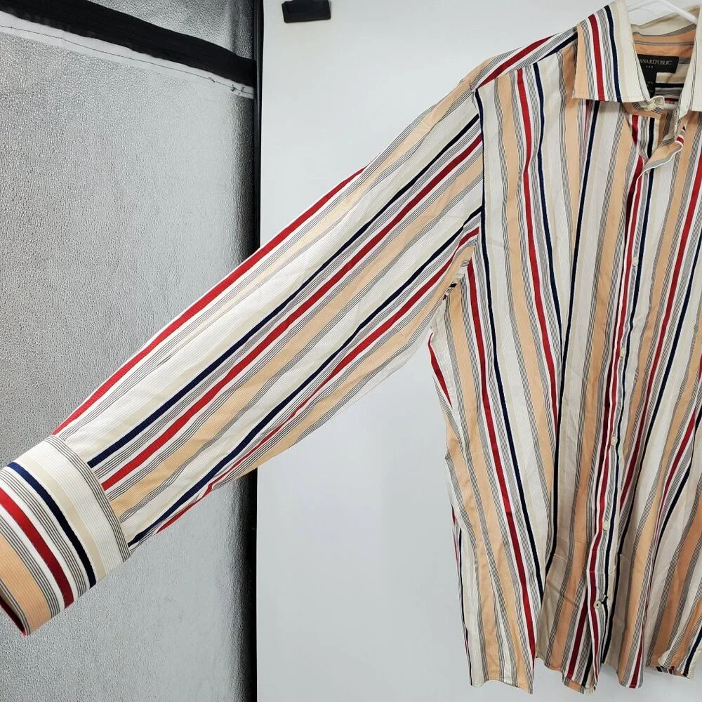 Banana Republic Orange and Red‎ Striped Men's Collared Dress Shirt XL 17 - 17.5